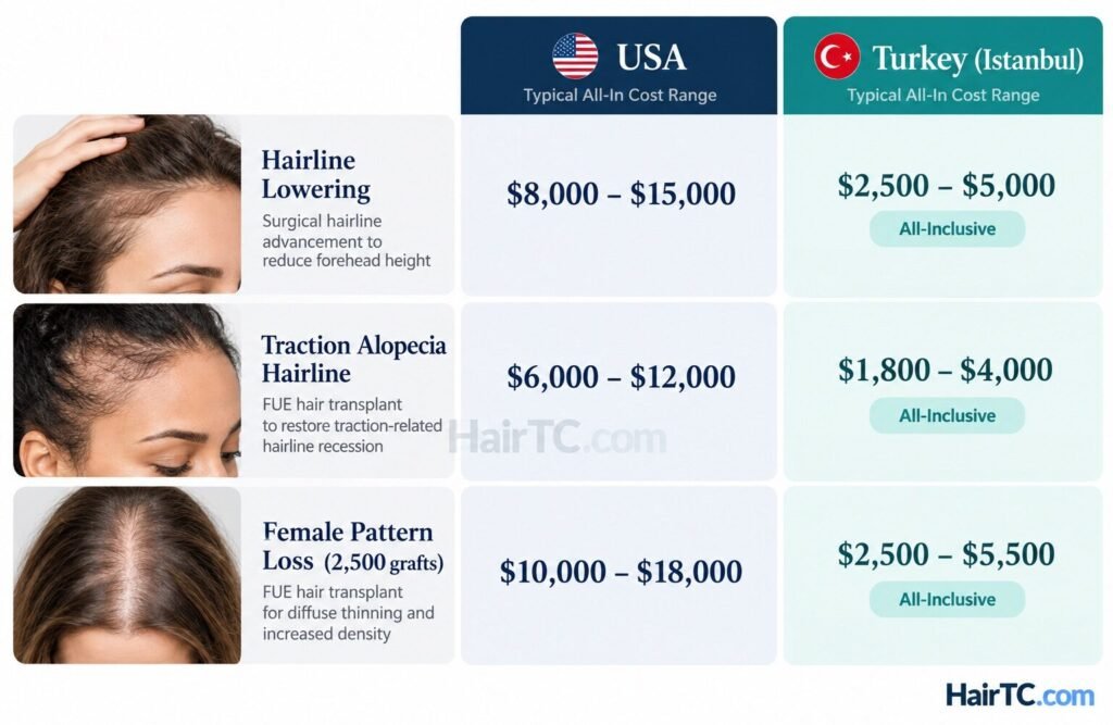 female hair transplant cost turkey vs usa